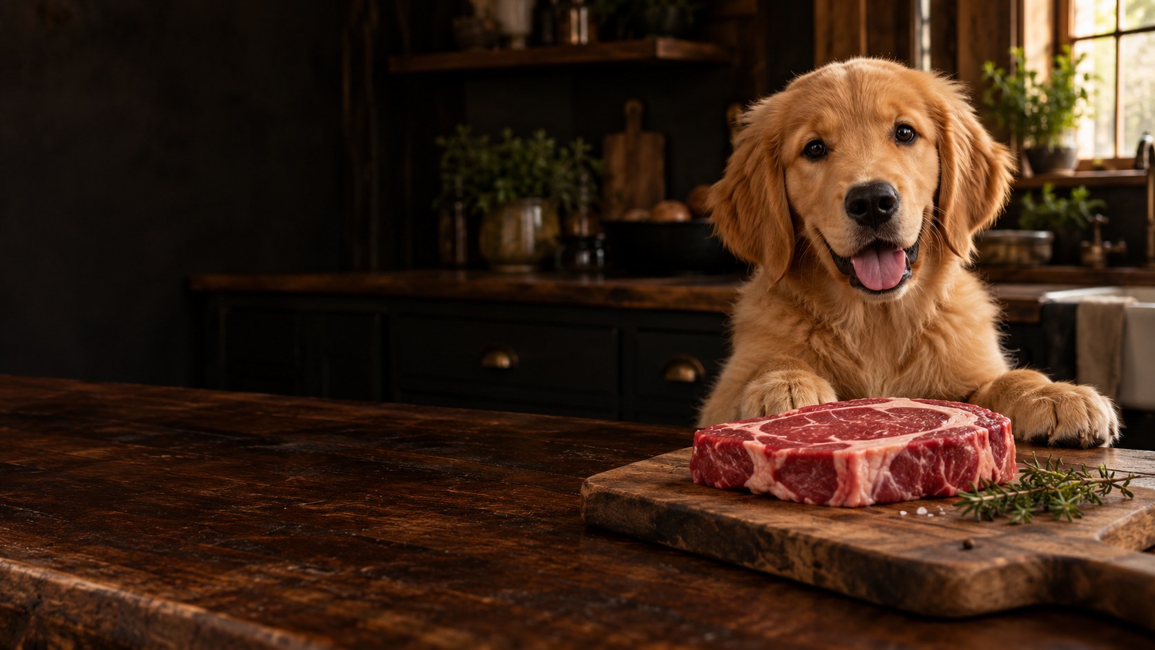 Golden retriever puppy behind a steak on a wooden board — Feed the Beast