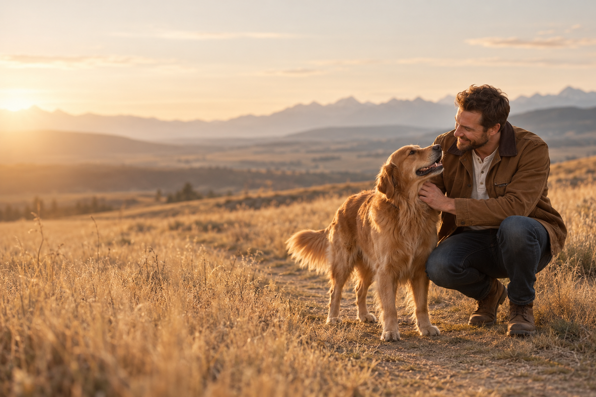 A man with his golden retriever in the Alberta foothills at sunset
