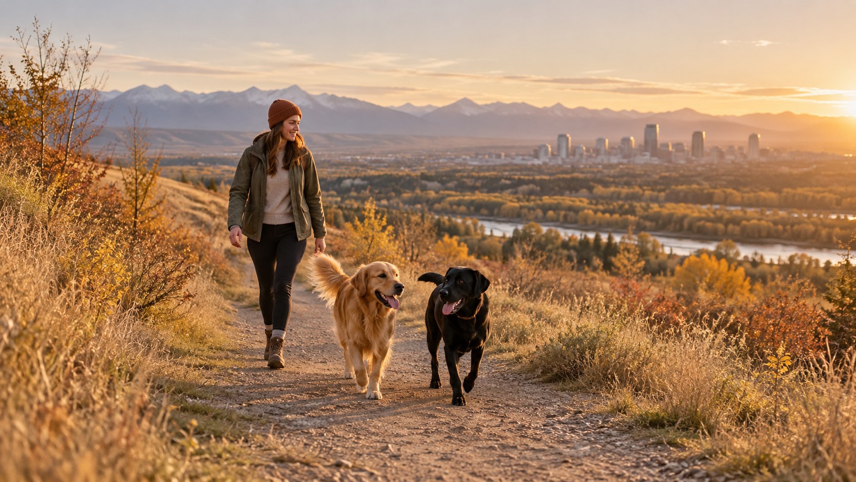Dogs and their owner walking through an autumn prairie landscape
