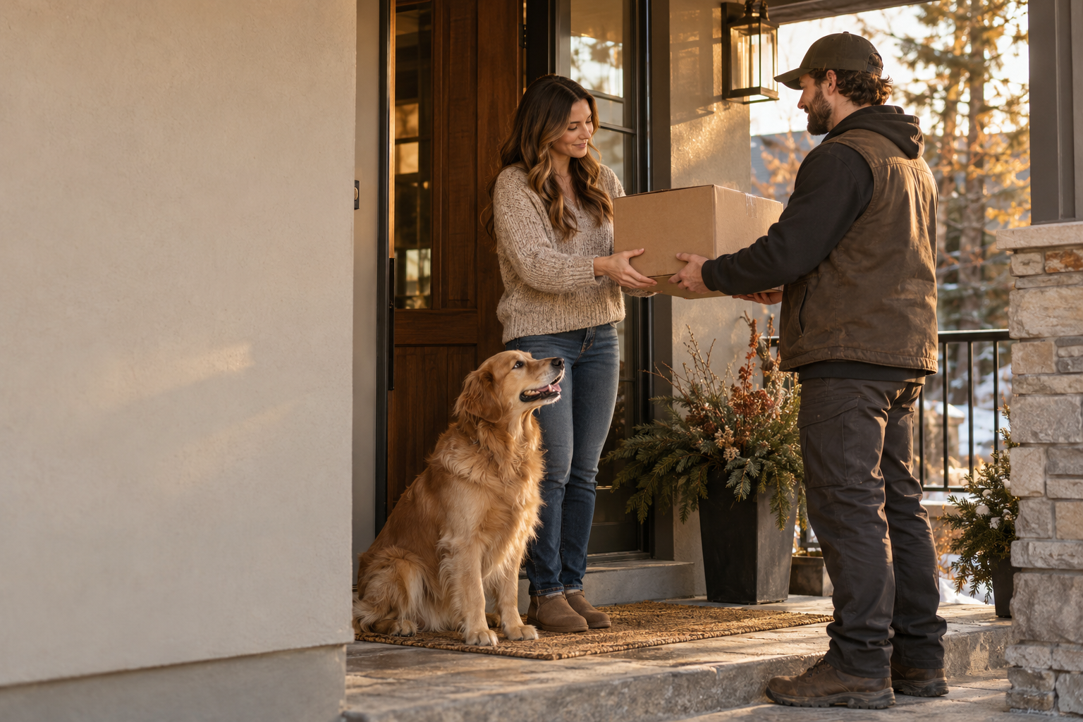 A personal local delivery handover at home, with a golden retriever nearby
