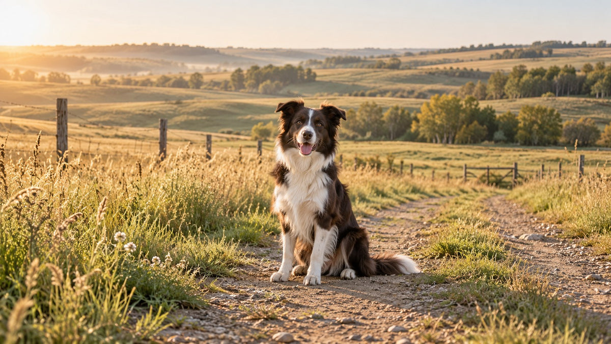 Border collie sitting on a sunlit prairie path